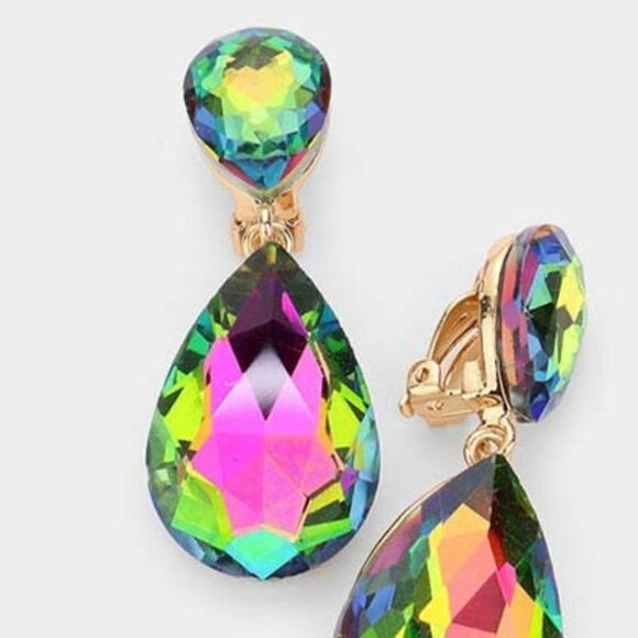 Crystal Oil Spill Double Teardrop Clip On Evening Earrings NWT - Picture 2 of 5